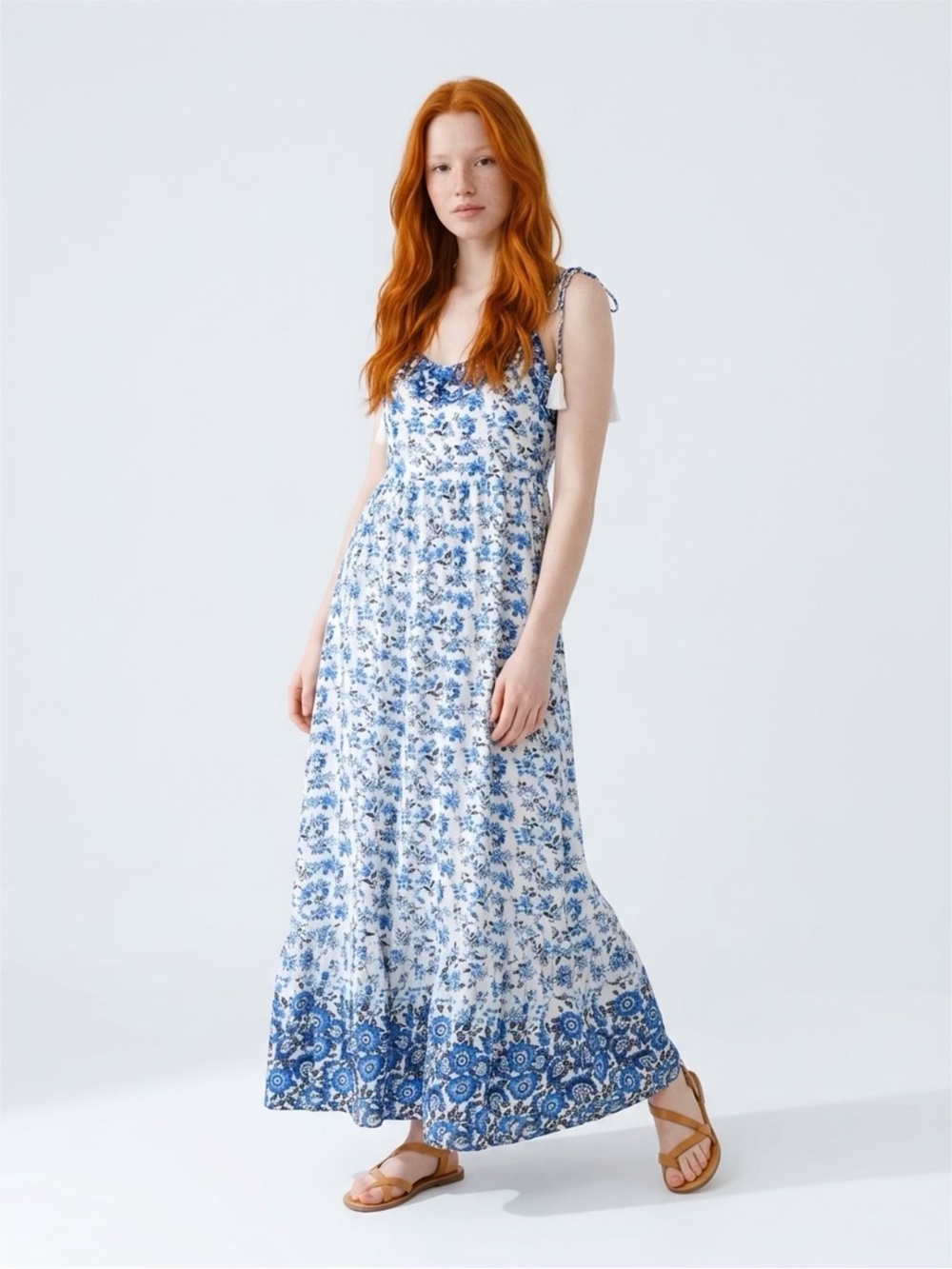 Stolen Hearts Blue & White Floral Tassel Tie Strap Midi/Maxi Dress